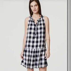 NWT- LOFT Ann Taylor Navy Gingham Plaid Sleeveless Drop Waist Dress Size: L